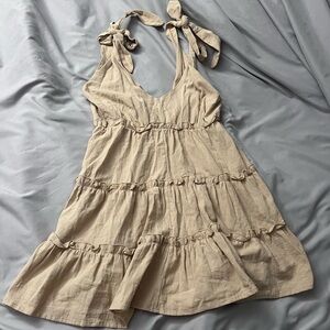 Beige Sleeveless Tiered Dress with Bow Straps